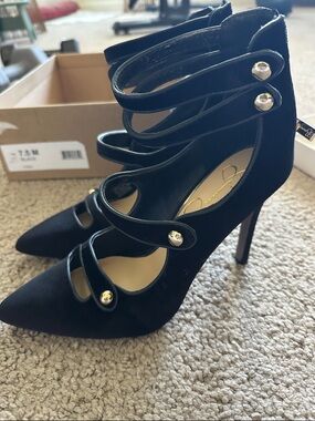 Jessica Simpson Black Multi-Strap Pointed Stiletto Heels
